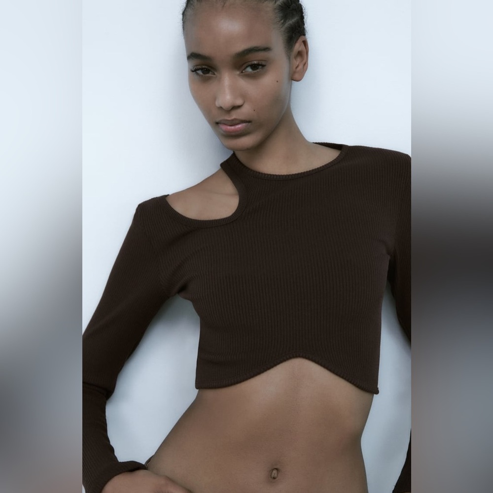 Zara Brown Cut Out Rib Top SIZE M